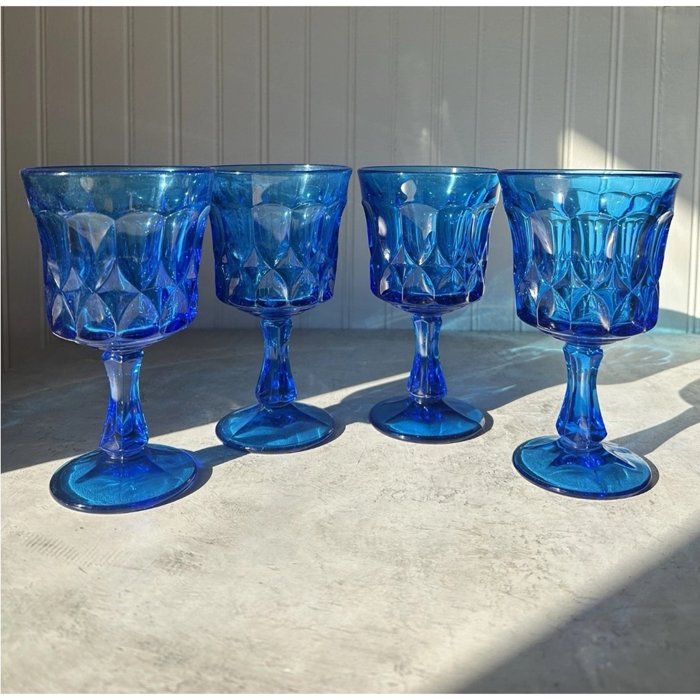 Set Of 4 Vintage Noritake Perspective Cobalt Blue Glass Wine Water 6.5" Goblet